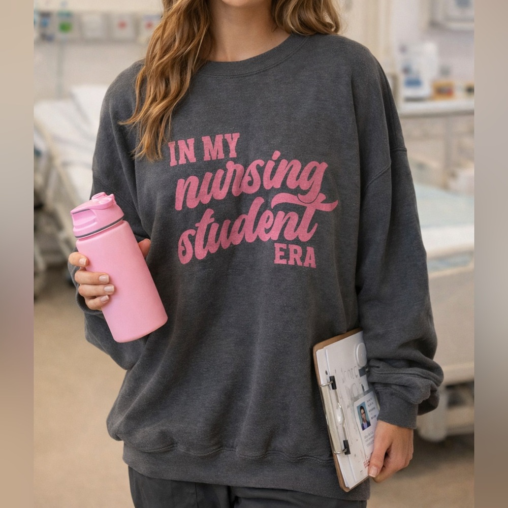 Gildan Charcoal Gray Sweatshirt with Pink Nursing Student Era RN Graphic